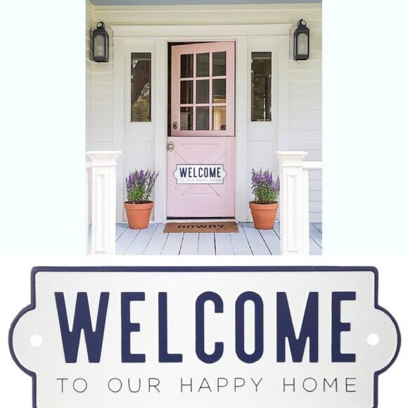 Anthropologie XL WELCOME To Our Happy Home Metal Plaque Sign NEW - Picture 2 of 5